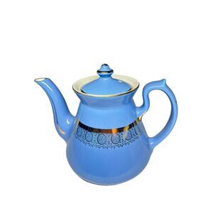Vintage MCM Hall China Company 8 Cup Teapot 069X, Blue with Gold Trim, 7" H